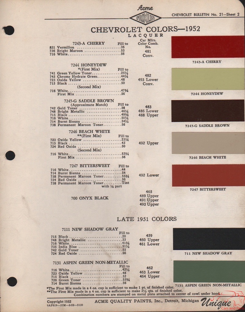 1952 Chev Paint Charts Acme 2